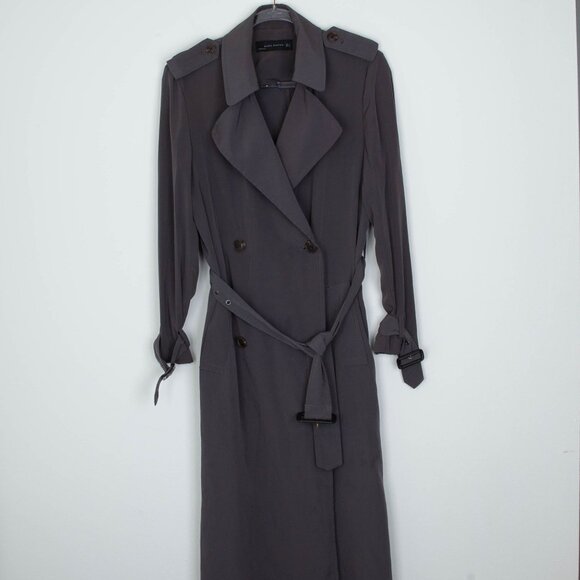 Zara Womens Long Double Breasted Trench Coat Size S Gray ASO Spencer Hastings - Picture 2 of 13